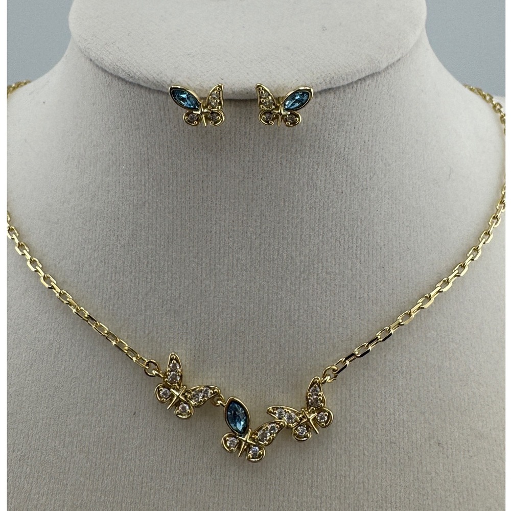Gold Tone Blue Crystal Butterfly Necklace and Stud Earrings Jewelry Set‎